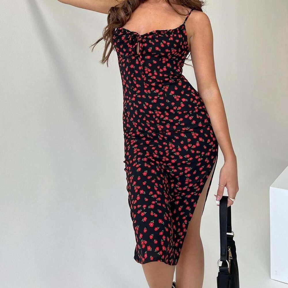 Princess Polly Noda Black & Red Floral Midi Dress | NWT | Size US 2 Petite